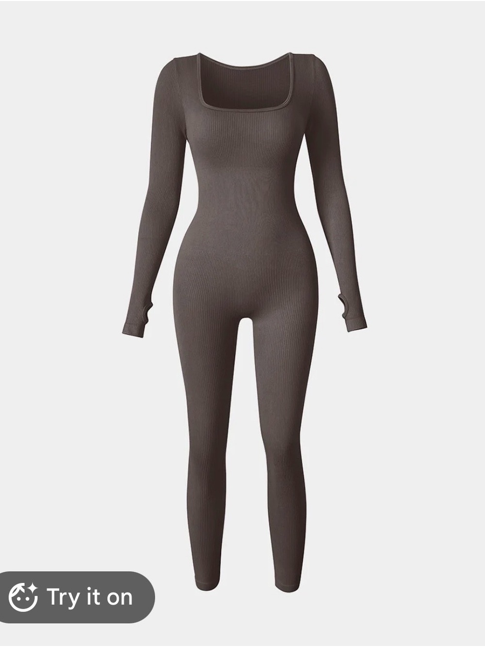 Ribbed Long-Sleeve Square-Neck Jumpsuit in Dark Brown